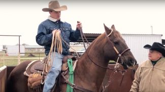 Ryan Thibodeaux demonstrating how to hold roping reins