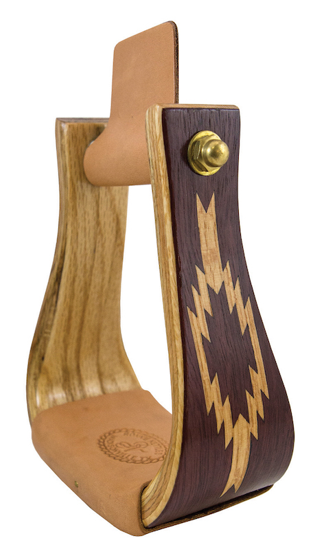Flatbottom stirrup with aztec design in the wood made by Ronnie Nettles.