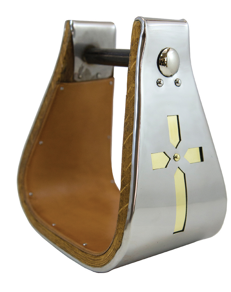 Visalia stirrup with leather lining and cross design on the outside.